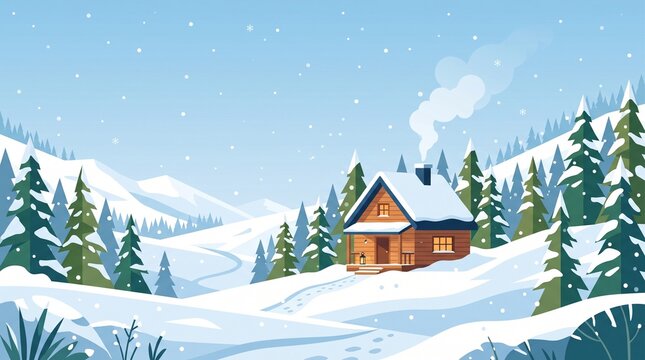 Modern flat vector illustration of a cozy winter landscape with a wooden cabin and snow-covered trees