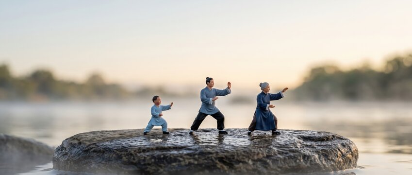 Tai chi miniature family figurines practicing on wet rock by misty lake at sunrise