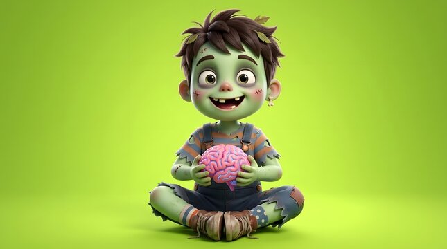 Cute cartoon zombie child holding brain on green background