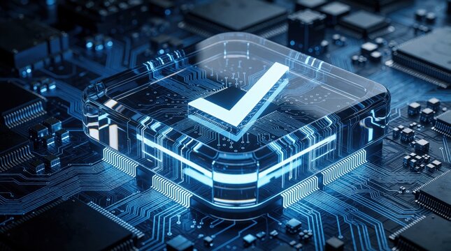 Digital check mark icon glows on blue circuit board. Electronic hardware component shows successful system verification, tech validation. High tech computer chip represents data security, cyber