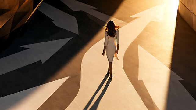 Businesswoman walking among multiple directional arrows toward a bright path, symbolizing decision making, career choices, strategy, opportunity and finding the right direction.