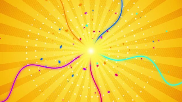 Vibrant celebration background, with colorful wavy, lines and confetti, bursting from center, party festive