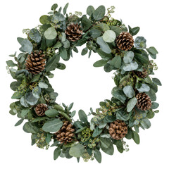Elegant eucalyptus wreath with natural pine cones for festive seasonal home wall decoration © Sapphire