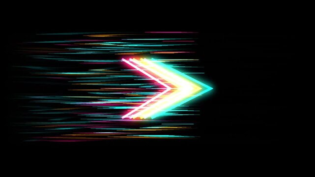Neon glowing arrow with speed lines motion dynamic directional sign for digital interface and technology presentations