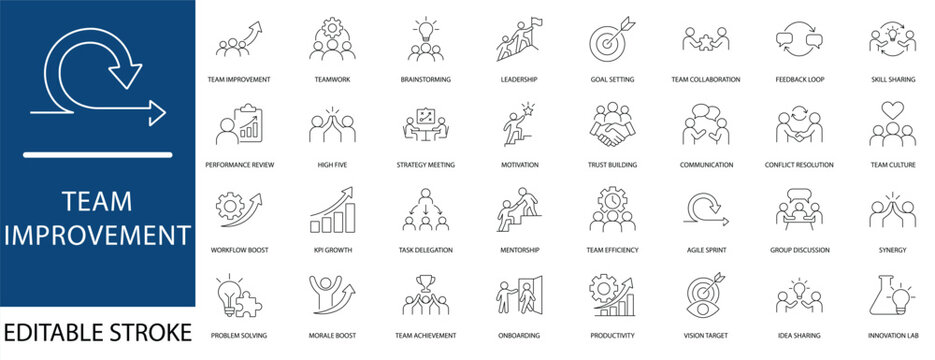 Team improvement line icon set. Featuring leadership, agile sprint, mentorship, team efficiency. Vector icons for corporate presentations, HR manuals, and intranet portals.