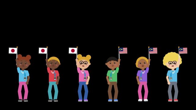 Sad cartoon children holding Japan and Malaysia flags on black background