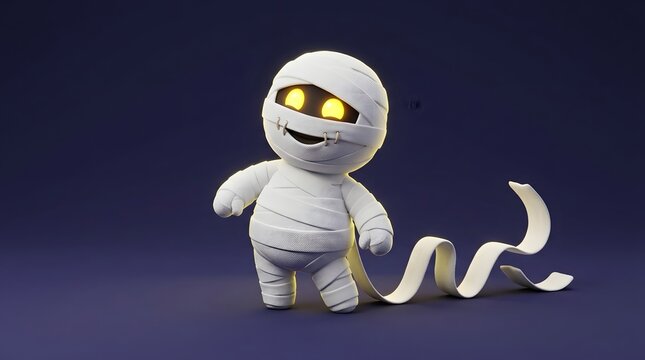 Cute cartoon mummy character with glowing eyes on dark background