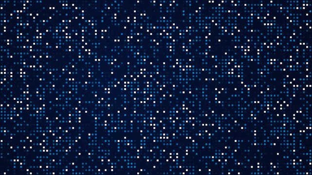 Square Pixel Dot Matrix Screen Flickering on Dark Blue Background for Electronic Music Concert and Sci-Fi Interface Backdrop