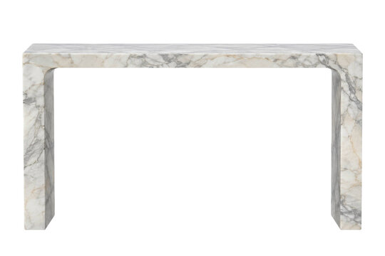 Minimalist white marble console table with a sleek waterfall edge design on white background