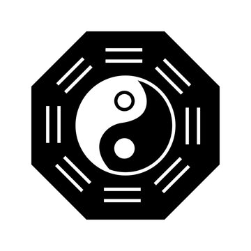 Minimalist black line icon of a yin yang symbol surrounded by traditional trigram markings, representing balance, harmony, duality, energy, and Eastern philosophy.