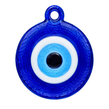 Traditional blue glass evil eye amulet isolated on a clean white background for protection decor