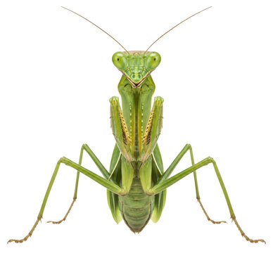 Macro portrait of a green praying mantis isolated on a clean white background for design