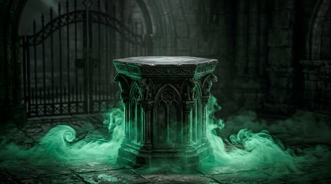 Mysterious stone altar with green mist in ancient crypt