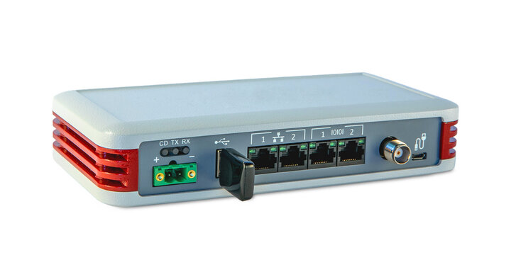 Industrial ethernet router device showing front ports and side red heat sink