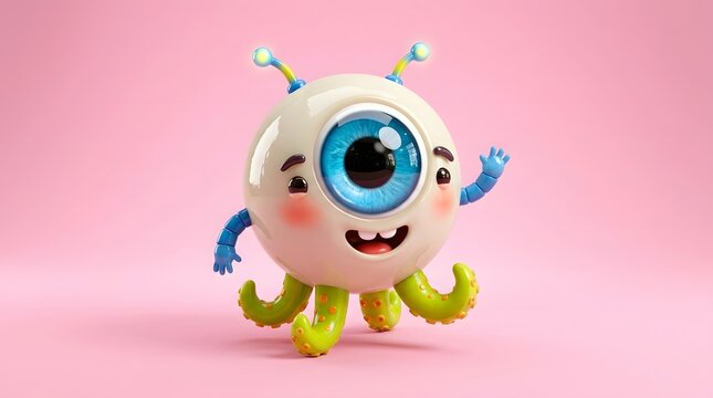 Cute cartoon cyclops monster with big eye on pink background