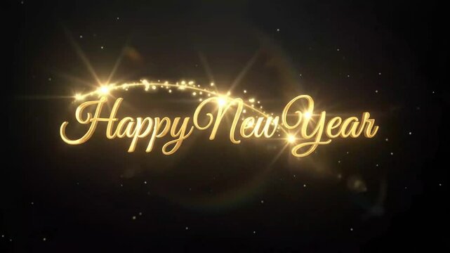 Happy new year gold text animation with sparkling light particles on black background, luxury celebration