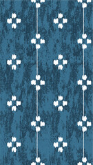 Blue ikat pattern with white geometric floral motifs on textured © SA Graphic Desing