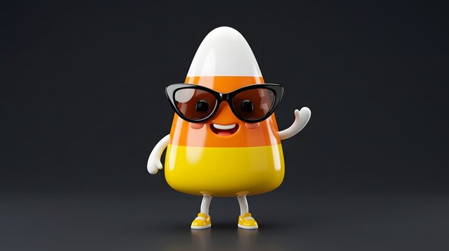 Cute candy corn character wearing sunglasses on dark background
