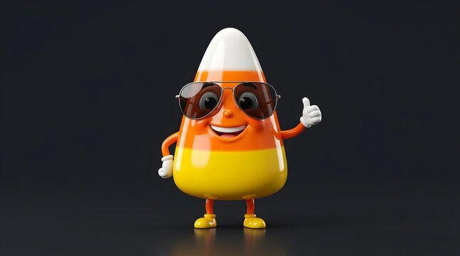 Cheerful candy corn character with sunglasses giving thumbs up