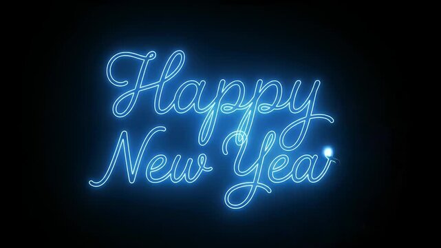 Happy new year neon sign animation with glowing blue script typography on black background, blue light