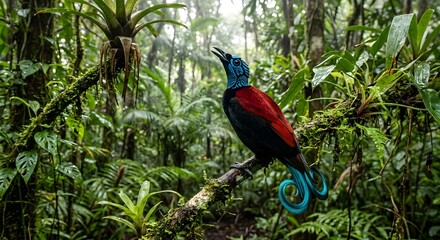 Fototapeta premium Red Billed Hornbill and Red Billed Toucan in Tropical Jungle with Colorful Feathers and Beak Perched on Tree Branch Exotic Wildlife Bird Nature Scene