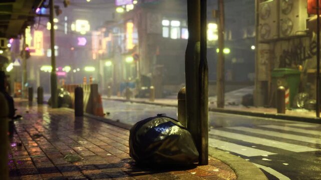 Wet neon sidewalk with trash bag, rainslick reflections on pavement, blurred storefront lights and bokeh, empty crosswalk, damp asphalt, cinematic moody