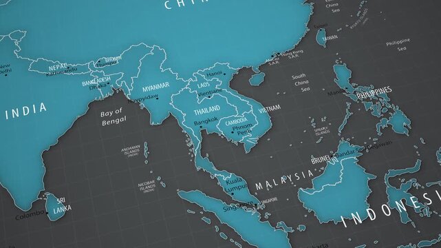 Animated political map showing Thailand in Asia with smooth camera movement. Detailed geographic view with national borders, neighboring countries, capital and surrounding regions.