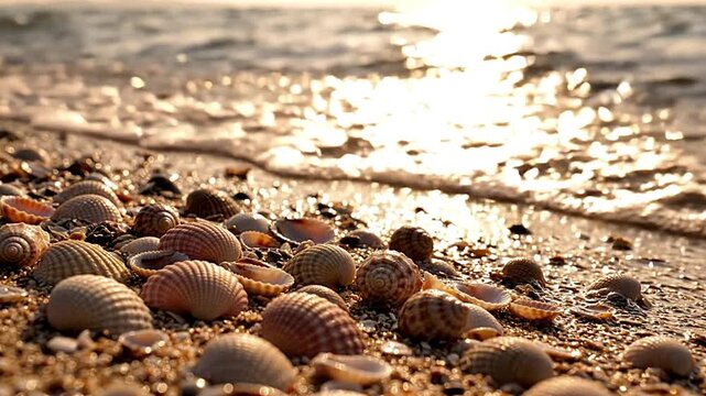 Scenic tropical sea waves gently washing seashells on sandy beach during golden hour sunset video footage