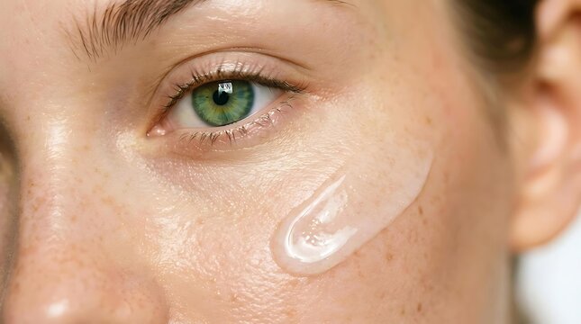 Extreme close up of a woman applying eye serum to treat dark circles and wrinkles, effective eye serum gel for hydrated skin, dermatologically tested eye serum for beauty routine
