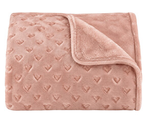 Soft pink fleece throw blanket with embossed heart pattern isolated on a white background © Sapphire