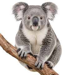 A cute koala bear sitting on a wooden branch looking directly at the camera on white background © Sapphire