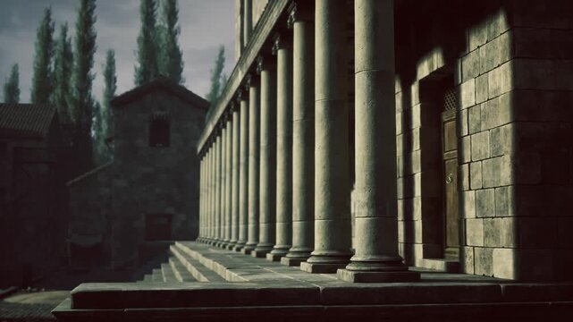Close Antioch column and stone staircase showing fluting and weathered capitals, tactile textures and worn step edges highlight craftsmanship and centuries