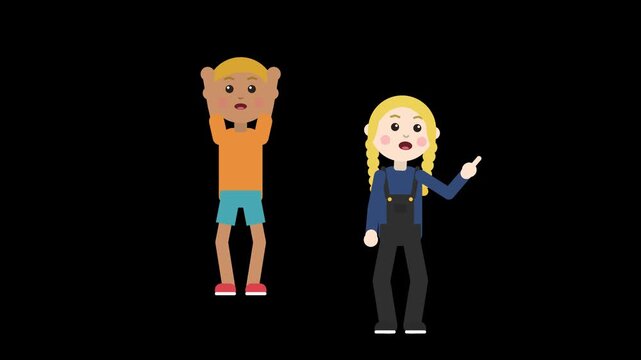 Cartoon boy holding his head beside girl pointing, flat vector motion graphics