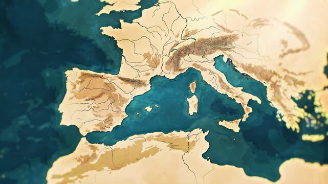 Illustrated Mediterranean Map of Southern Europe With Animated Water