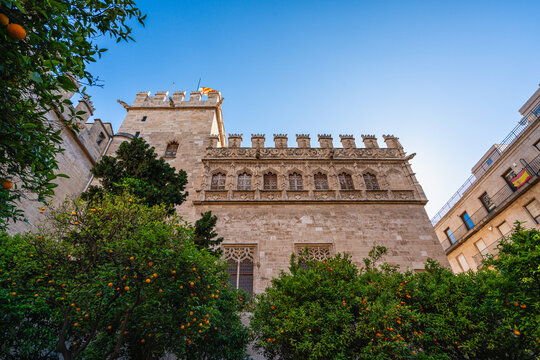 Interior view from the cloister of the marvelous palace Llotja de la Seda in Valencia, Spain. May-20-2025