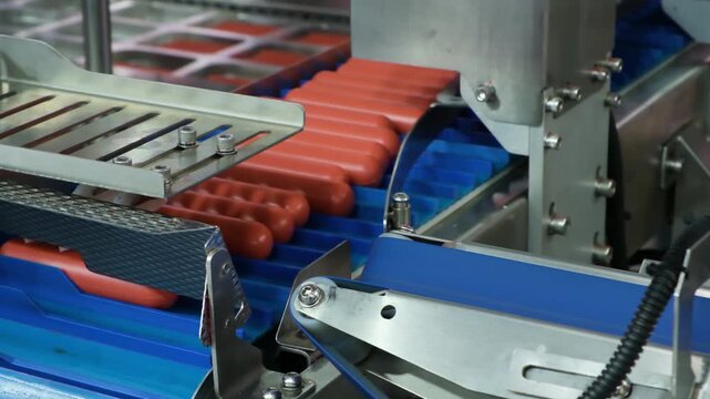 dogs travel on blue conveyor belt. Metal clamps position each sausage. Blue rollers support hot dogs during production. Machinery guides hot dogs smoothly