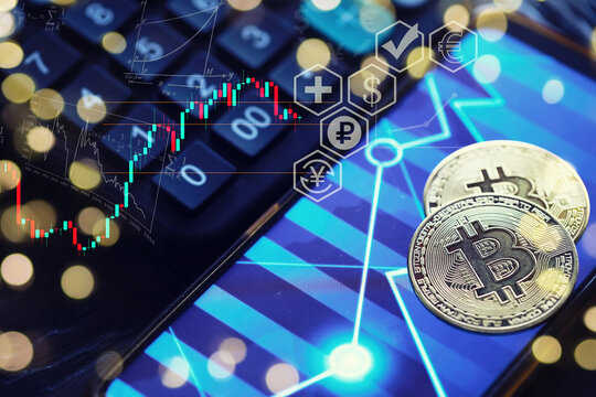 Bull market trend. Cryptocurrency. Bitcoin Stock Growth. Chart shows a strong increase in the price of bitcoin. Investing in virtual assets. Investment platform with charts and bitcoin coin.