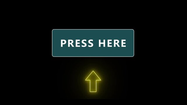 Press Here Button Motion Graphic Animation with Glowing Neon Yellow Up Arrow Call to Action on Black Background