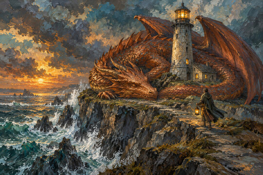 A copper dragon sleeps around a stone lighthouse while its keeper raises a lantern above storm waves, revealing strength through guardianship and quiet trust in an expressive oil fantasy painting.