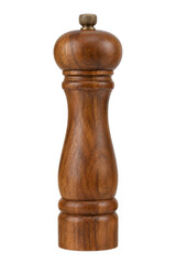 Classic wooden pepper mill with a metallic top knob isolated on a clean white background © Sapphire