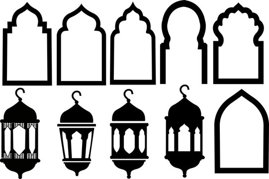 Black silhouette set of islamic lanterns and traditional arches