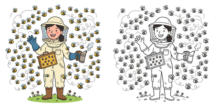  Cute Female Beekeeper with Honeycomb Frame and Bees Coloring Page and Vector Character Illustration for Kids Activity