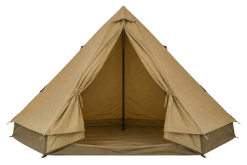 A tan canvas bell tent with open doors isolated on a clean white background for camping gear © Sapphire