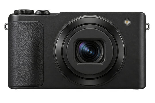 Front view of a professional black compact digital camera isolated on a clean white background