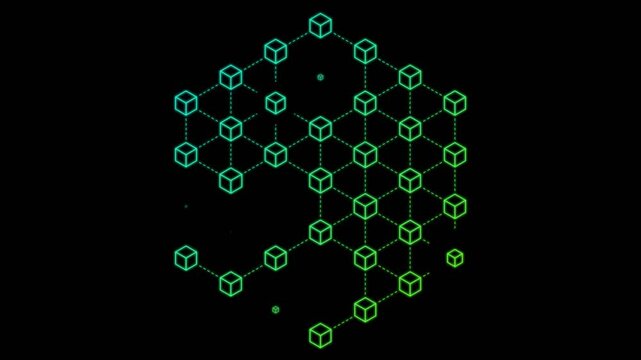 Neon Green and Cyan Blockchain Cube Grid Animation on Black Background