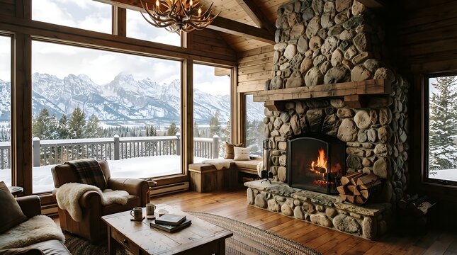 Rustic Mountain Cabin Living Room, Stone Fireplace & Snowy Mountain View