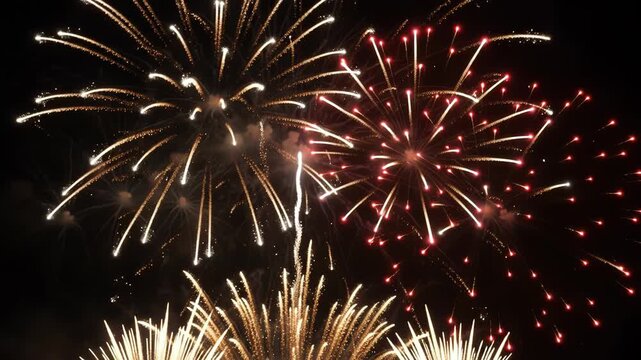 Vibrant golden and red fireworks display exploding in night sky for new year celebration and festive events