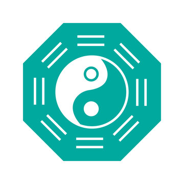 Minimalist black line icon of a yin yang symbol surrounded by traditional trigram markings, representing balance, harmony, duality, energy, and Eastern philosophy.