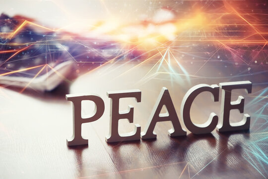 Double exposure Peace Word Written In Wooden Letters and abstract technology background. International conflict, American hegemony, War.