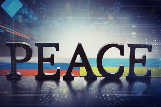 Double exposure Peace Word and abstract technology background. International conflict, American hegemony, War.